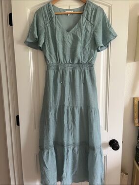 Luxology Dusty Blue V-Neck Tiered Midi/ Maxi Dress